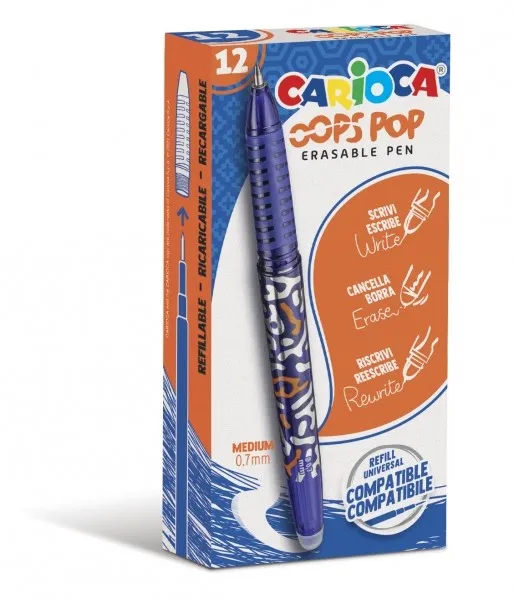 Penna cancellabile Carioca Oops - Thermo Sensitive - Impugnatura Textured - Punta Ø 07mm - Doppia Gomma - Ricariche Compatibili - Colore Blu
