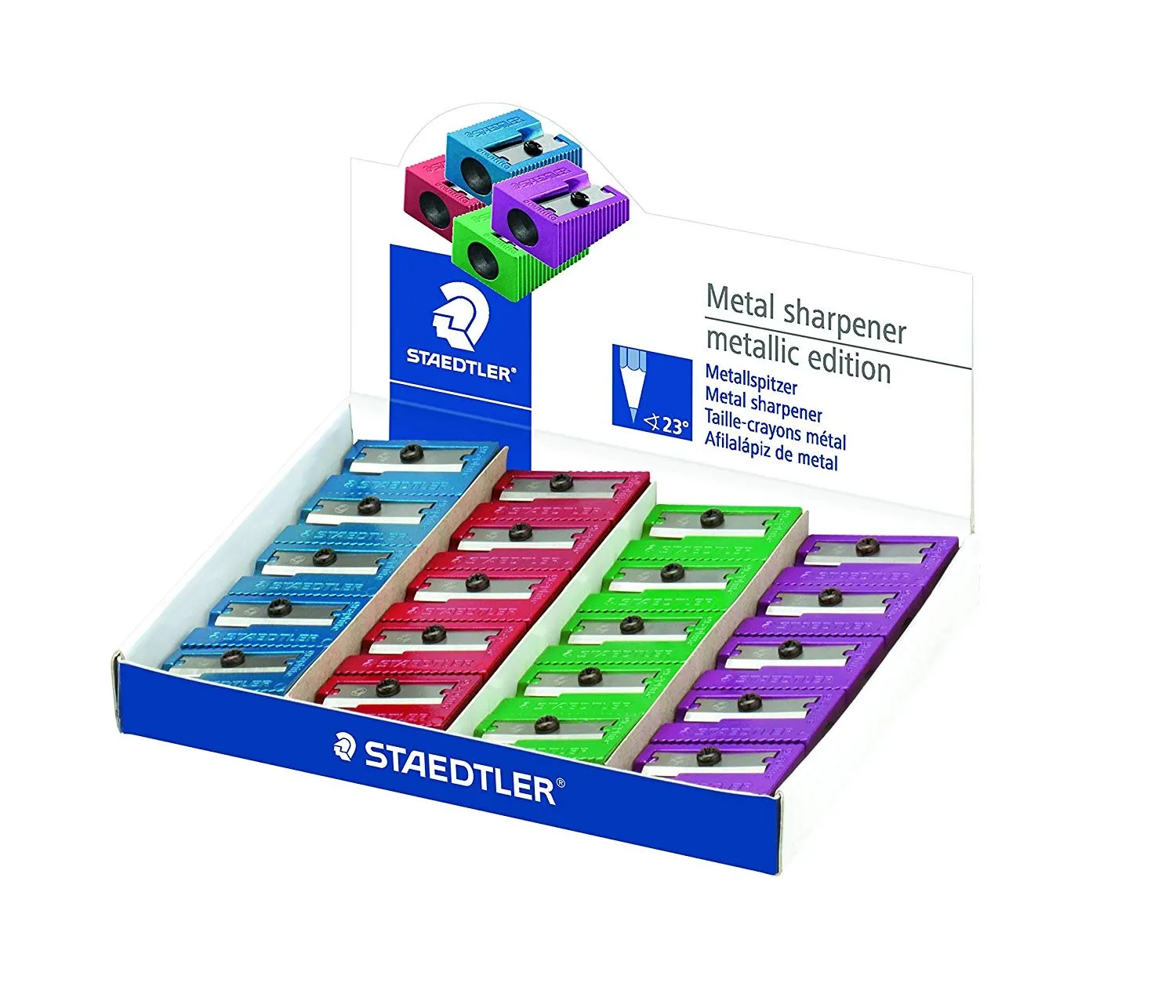 Staedtler Espositore da 20 temperamatite in metallo con lama in metallo - Angolo di affilatura 23° - 1 foro - Colori assortiti