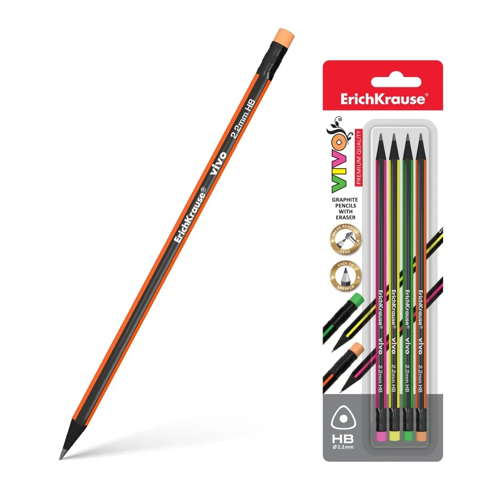 Erichkrause Vivo HB - Confezione da 4 Matite Triangolari in Grafite con Gomma - Legno Selezionato - Durezza HB - Resistente agli Urti - Facile da temperare - La Mina Non Gratta la Carta - Gomma Durezza Media - Gomma Termoplastica Anallergica - Colore N