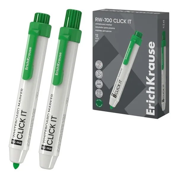 Pennarello per lavagna bianca ErichKrause RW-700 Click it - Sistema retrattile - Punta conica - Tratto da 20 mm - Inchiostro a base alcolica - Non tossico - Facile da cancellare - Asciugatura rapida - Verde