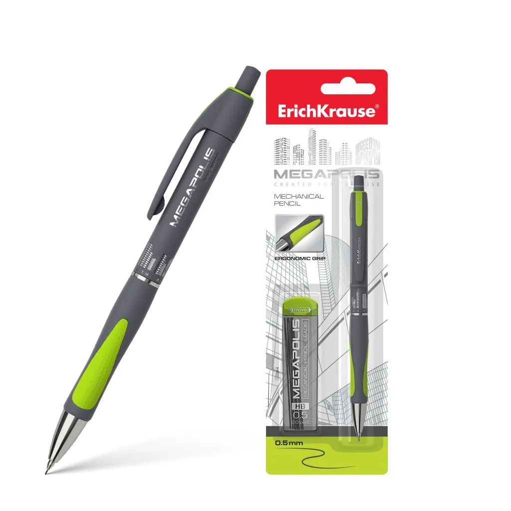 Erichkrause Megapolis Concept - Portamine con 20 mine da 05 mm - Guscio rotondo e lucido - Area di presa ergonomica - Colore neon