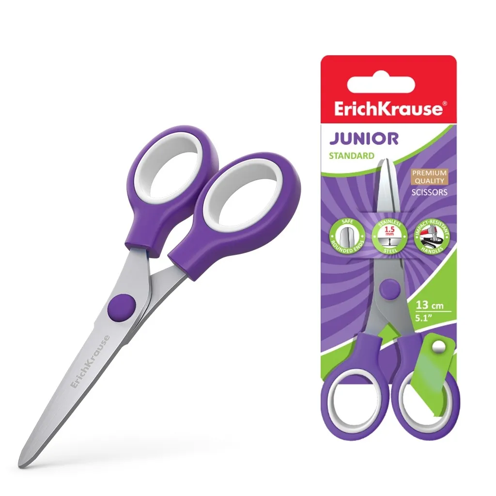Forbici Junior Erichkrause Standard - Lame in acciaio inossidabile - Estremità arrotondate - Resistenti alla corrosione - Manici in plastica resistenti - Colori assortiti