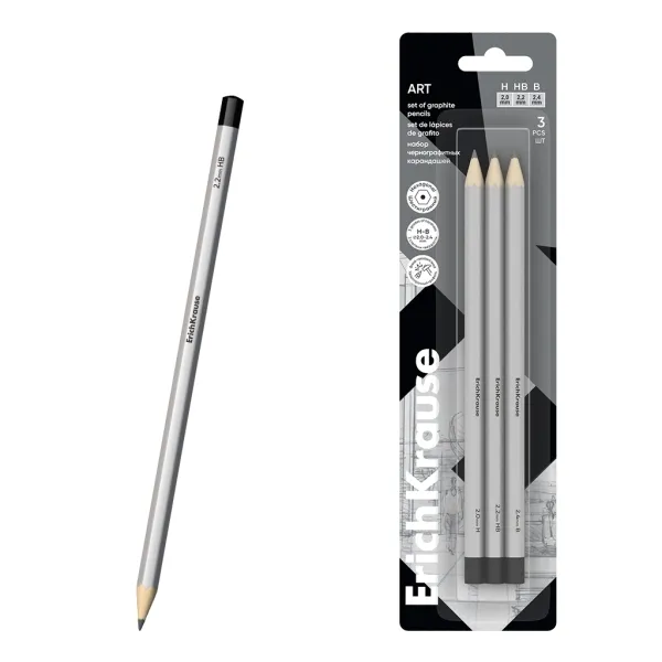 Confezione da 3 matite di grafite ErichKrause Art - Durezza assortita H HB e B - Corpo esagonale - Mina resistente - Colore argento