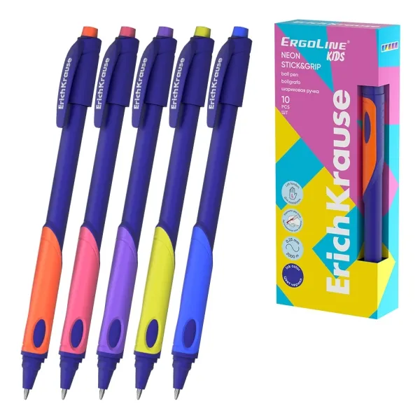 Penna a sfera retrattile per bambini ErichKrause ErgoLine - Ergonomica per utenti mancini - Inchiostro blu - Tratto da 025 mm - Colori assortiti