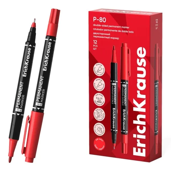 Pennarello indelebile a doppia punta ErichKrause Double P-80 - Punta a proiettile da 165 mm - Punta ad ago da 045 mm - Impermeabile e resistente alla luce - Multisuperficie - Corpo rotondo - Rosso