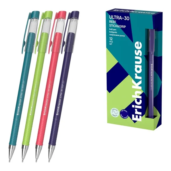 Penna a sfera ErichKrause ULTRA-30 Stick and Grip Reef con cappuccio - Modelli assortiti - Tratto da 026 mm - Impugnatura in gomma - Inchiostro a bassa viscosità - Cappuccio ventilato - Blu