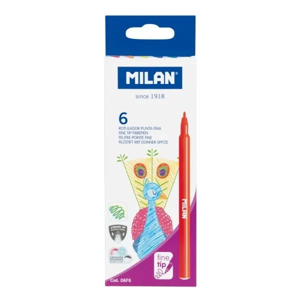 Pennarelli Milan confezione da 6 - Inchiostro a base d'acqua - Punta fine da 2 mm - 154 mm - Colori assortiti