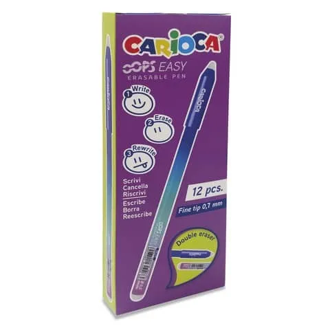 Penna cancellabile Carioca Oops Easy - Punta da 07 mm - Inchiostro termosensibile - Corpo effetto sfumato - Doppia gomma - Blu