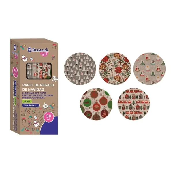 Rotolo di carta kraft natalizia Bismark - Dimensioni: 70 cm x 200 cm - 5 diversi design