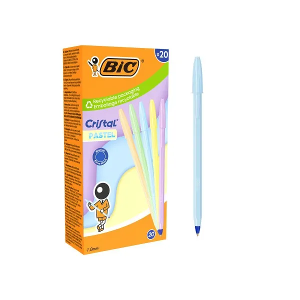 Penna a sfera Bic Cristal Pastel - Corpo pastello opaco - Punta tonda da 1 mm - Tratto da 04 mm - Inchiostro a base d'olio - Colore blu