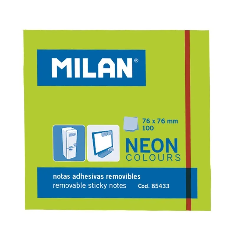 Blocco Milan da 100 foglietti adesivi - Rimovibili - 76 mm x 76 mm - Colore verde neon