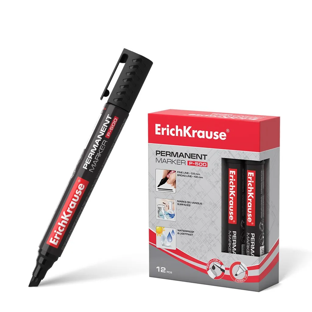 Pennarello permanente Erichkrause P-500 - Punta a scalpello - Resistente acqua e ai raggi UV - Colore nero