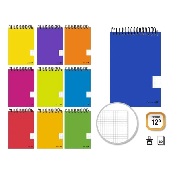 Quaderno a spirale dorato formato orizzontale 80 fogli 60 g/m² griglia 4x4 - Formato 12° - Colori assortiti