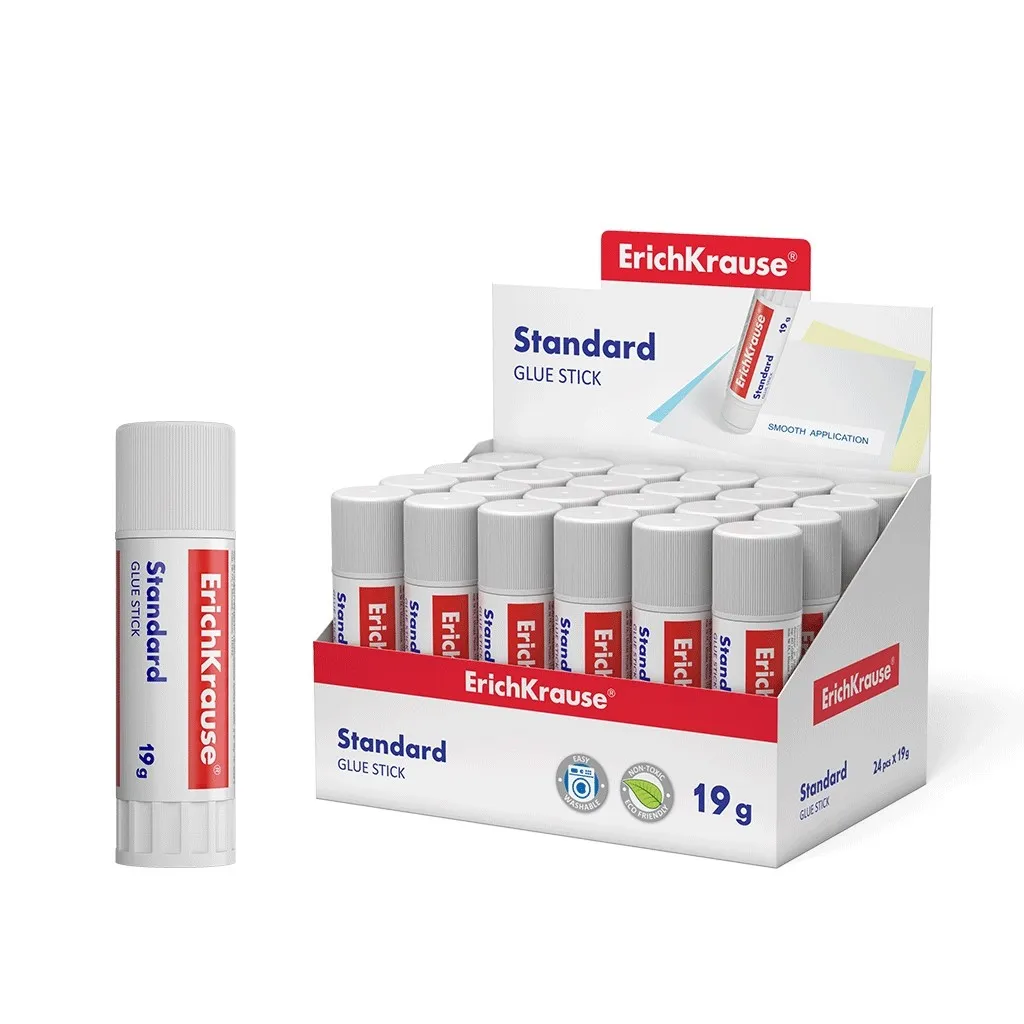 Colla stick standard Erichkrause - 19G - Display 24 unità. - Incollaggio rapido e affidabile - Facile da risciacquare con acqua - Atossico - Esente da solventi - Resistente al freddo - Adatto per carta cartone e fotografie - Colore bianco