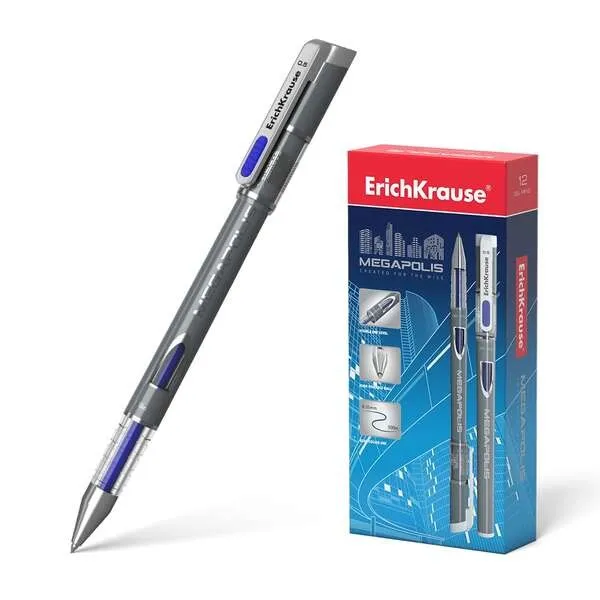 Penna gel Megapolis Erichkrause - Punta da 05 mm - Corpo rotondo opaco - Finestra di controllo dell'inchiostro - Colore blu