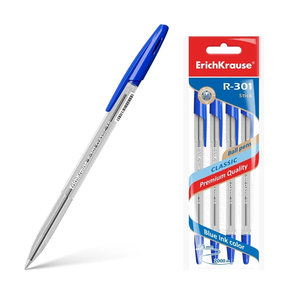 Erichkrause Confezione da 4 penne a sfera R-301 Classic Stick 1.0 - Corpo esagonale trasparente - Punta da 10 mm - Inchiostro ad asciugatura rapida - Colore blu