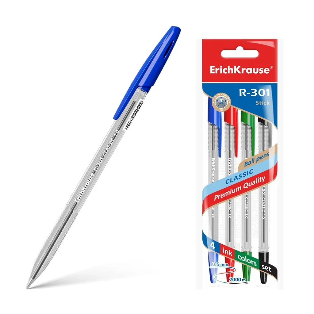 Erichkrause Confezione da 4 penne a sfera R-301 Classic Stick 1.0 - Corpo esagonale trasparente - Punta da 10 mm - Inchiostro ad asciugatura rapida - Colore blu