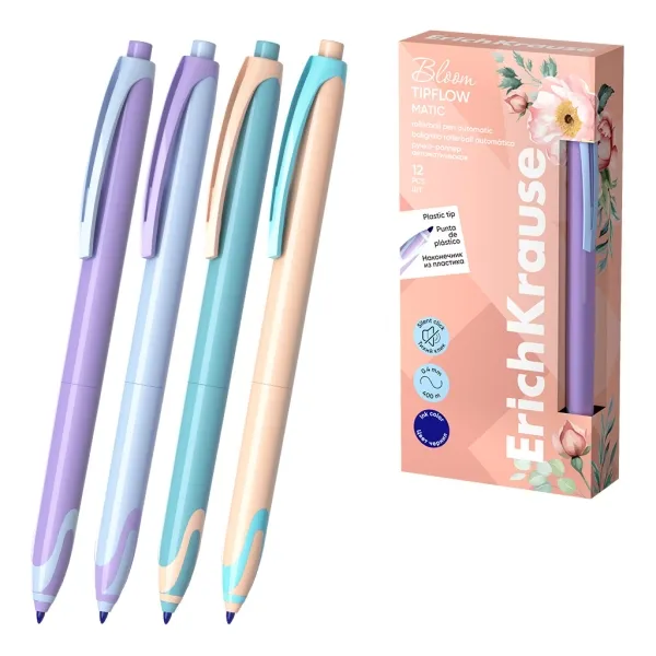 Penna a sfera retrattile Erichkrause Bloom TipFlow Matic Pastel - Punta a sfera da 05 mm - Larghezza tratto 04 mm - Inchiostro blu - Corpo color pastello