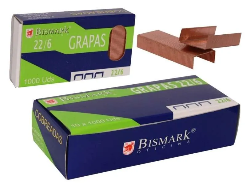 Bismark Caja de 1000 Grapas de Alambre de Alta Calidad Modelo 22/6 - Cobreadas