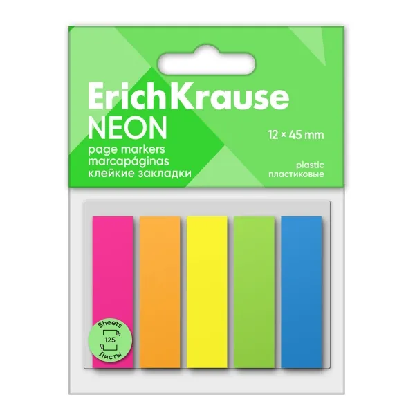 ErichKrause Confezione da 5 blocchi da 25 segnalibri in plastica 12x45 mm - Colori: giallo blu arancione verde e rosa neon