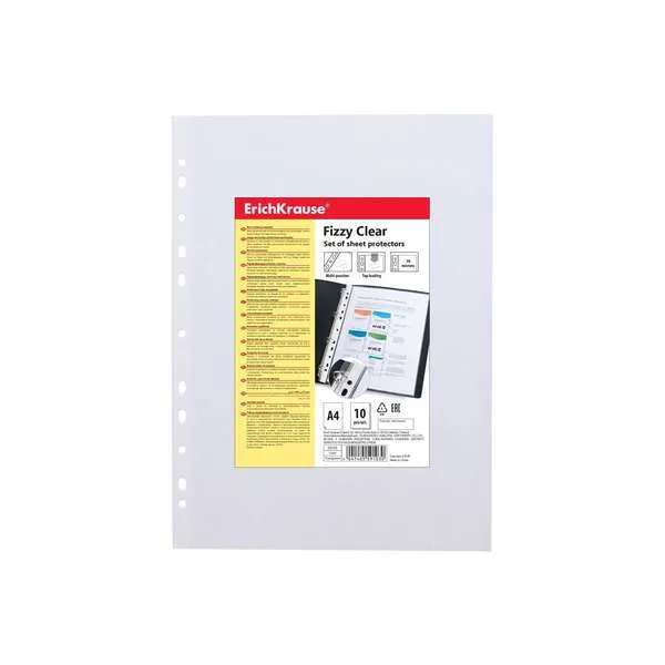 Erichkrause Fizzy Clear Confezione da 10 buste multiforo A4 30 micron - 11 fori - Finitura ruvida - Trasparente