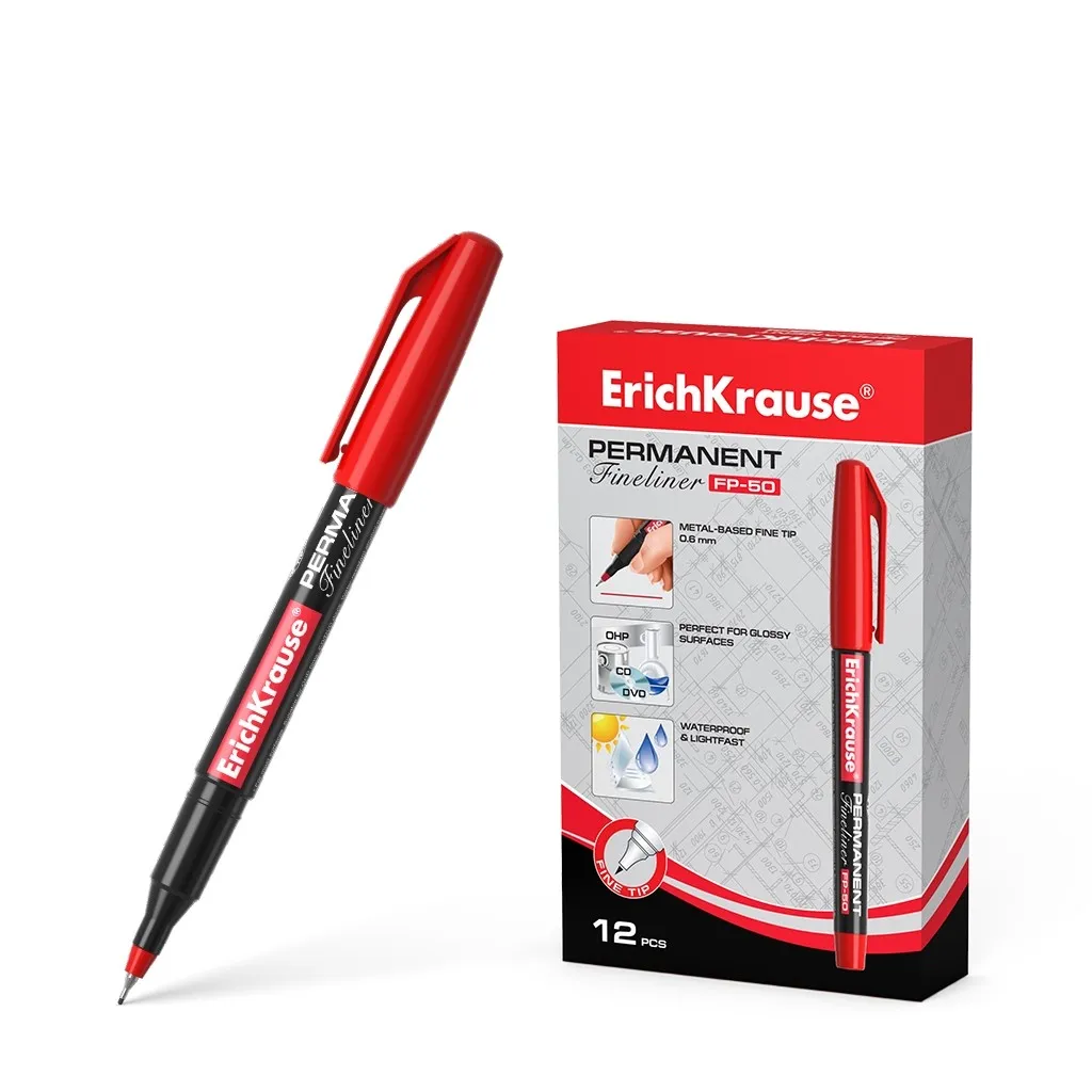 Pennarello indelebile Erichkrause Fp-50 - Punta fine da 06 mm - Resistente alla luce e all'acqua - Colore rosso