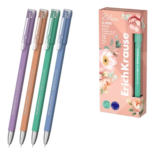Penna a sfera ErichKrause G-Reed Stick Pastel Bloom con cappuccio - Modelli assortiti - Tratto da 025 mm - Inchiostro gel - Impermeabile - Asciugatura rapida - Cappuccio ventilato - Blu