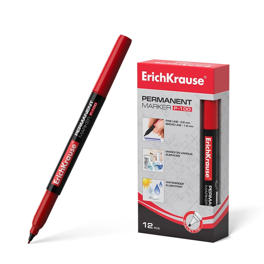 Pennarello Permanente Erichkrause P-100 - Punta Fine da 05 a 12 mm - Resistente all'acqua e ai raggi UV - Colore Rosso