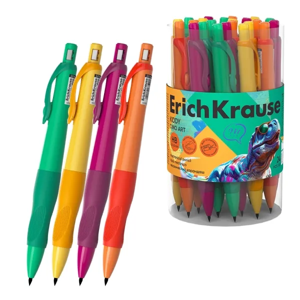 Matita meccanica ErichKrause Kiddy Dino Art - Mina HB da 20 mm - Impugnatura in gomma - Design con dinosauri - Colori assortiti