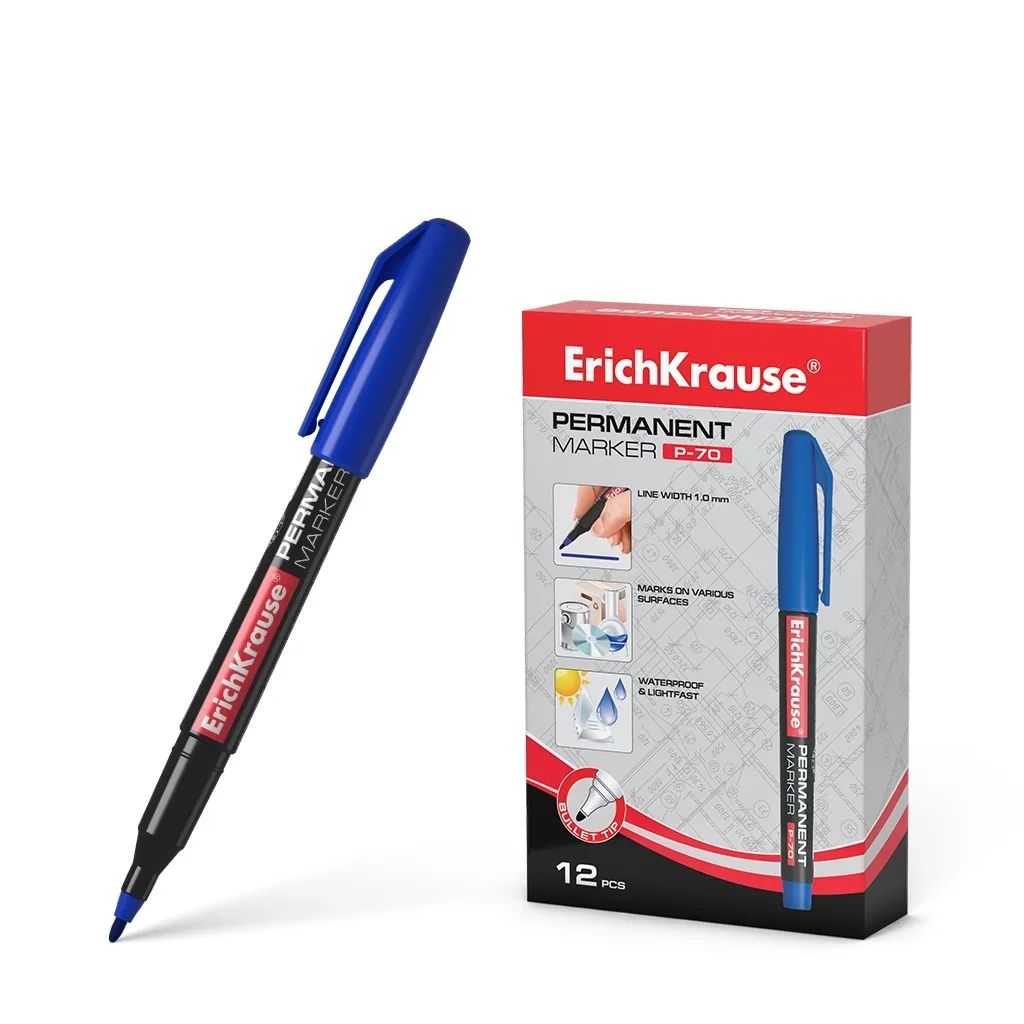Pennarello permanente Erichkrause P-70 - Punta tonda da 10 mm - Resistente all'acqua e alla luce - Colore blu