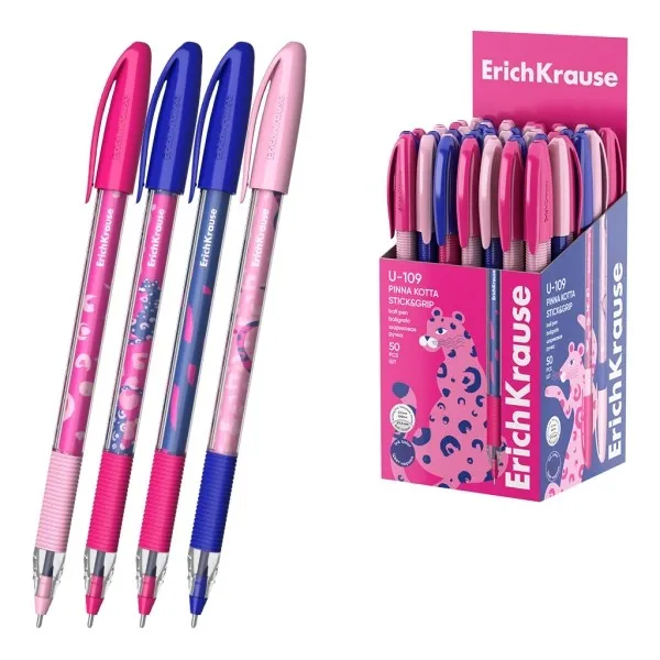 Penna a sfera ErichKrause U-109 Stick and Grip Pinna Kotta con cappuccio - Modelli assortiti - Tratto da 03 mm - Impugnatura in gomma - Inchiostro a bassa viscosità - Cappuccio ventilato - Blu