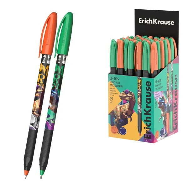 Penna a sfera ErichKrause U-109 Stick and Grip Dino Art con cappuccio - Modelli assortiti - Tratto da 03 mm - Impugnatura in gomma - Inchiostro a bassa viscosità - Cappuccio ventilato - Blu
