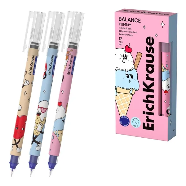 Penna a sfera ErichKrause Balance Stick Yummy con cappuccio - Modelli assortiti - Tratto da 035 mm - Inchiostro gratuito con alimentatore regolabile - Blu