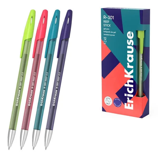 Penna a sfera ErichKrause R-301 Gel Stick Reef con cappuccio - Modelli assortiti - Tratto da 04 mm - Inchiostro gel - Impermeabile - Asciugatura rapida - Cappuccio ventilato - Blu