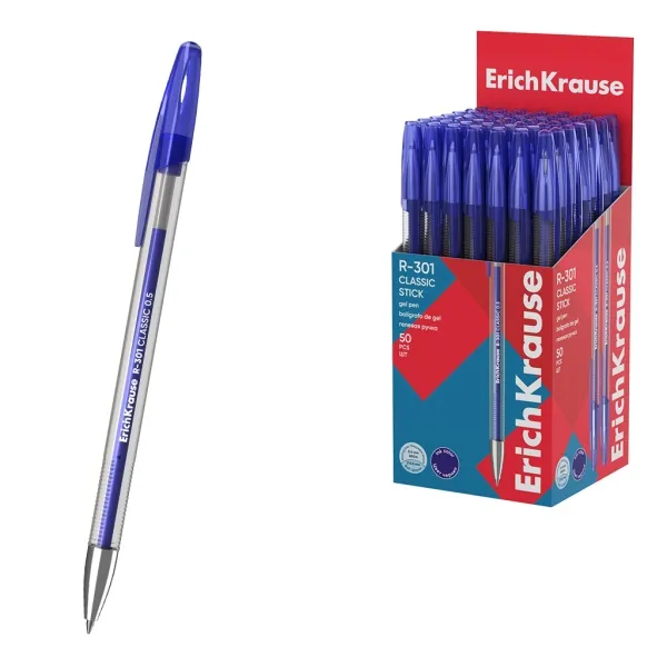 Penna a sfera classica ErichKrause R-301 Gel Stick con cappuccio - Punta da 05 mm - Tratto da 04 mm - Inchiostro gel - Impermeabile - Asciugatura rapida - Blu