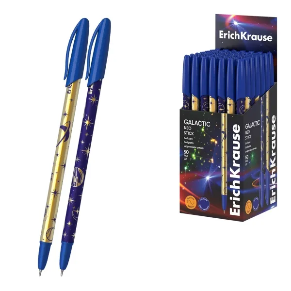Penna a sfera ErichKrause Neo Stick Galactic con cappuccio - Modelli assortiti - Tratto da 026 mm - Inchiostro a bassa viscosità - Cappuccio ventilato - Blu