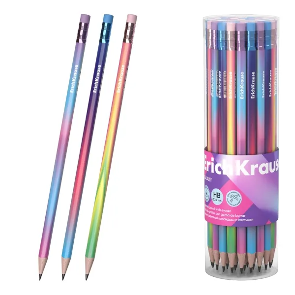 Matita in grafite ErichKrause Galaxy con gomma - Mina HB - Corpo triangolare - Plastica - Impugnatura ergonomica - Facile da sfumare - Colori assortiti