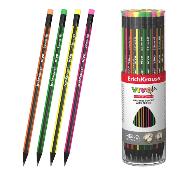 Matita di grafite ErichKrause VIVO con gomma - Mina HB - Corpo triangolare - Facile da temperare - Impugnatura ergonomica - Colori assortiti