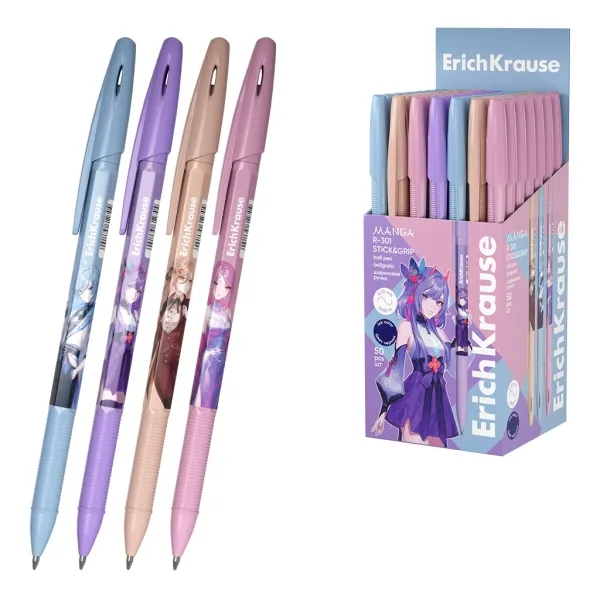 Penna a sfera ErichKrause R-301 Stick and Grip Manga con cappuccio - Modelli assortiti - Tratto da 035 mm - Impugnatura in gomma - Inchiostro ad asciugatura rapida - Cappuccio ventilato - Blu