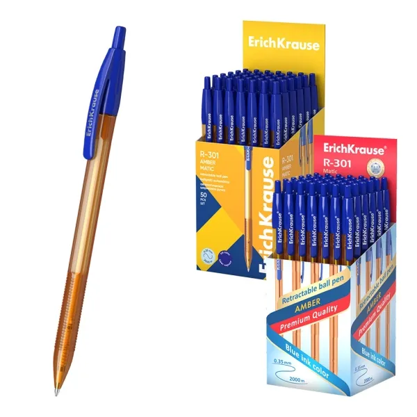 Penna a sfera retrattile ErichKrause R-301 Matic Amber - Punta da 07 mm - Tratto da 035 mm - Blu