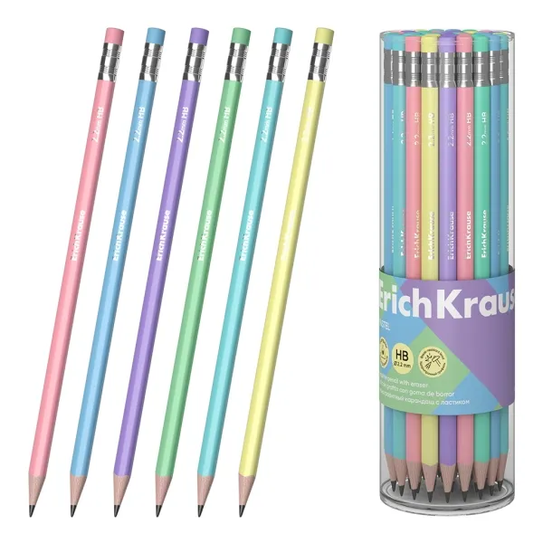 Matita in grafite pastello ErichKrause con gomma - Mina HB - Corpo triangolare - Impugnatura ergonomica - Colori assortiti