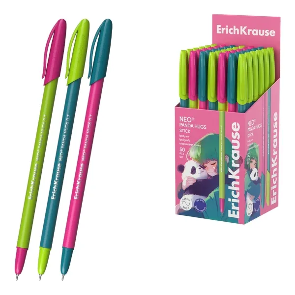 Penna a sfera ErichKrause Neo Stick Panda Hugs con cappuccio - Modelli assortiti - Tratto da 026 mm - Inchiostro a bassa viscosità - Cappuccio ventilato - Blu
