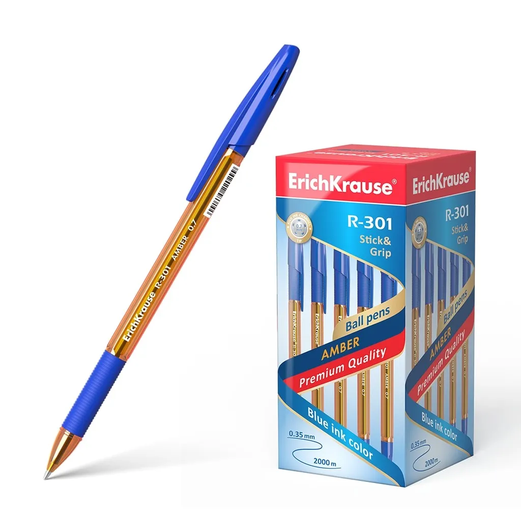 Penna a sfera Erichkrause R-301 Stick&Grip ambrato 07 - Corpo esagonale traslucido - Area dell'impugnatura in gomma - Punta da 07 mm - Inchiostro ad asciugatura rapida - Colore blu