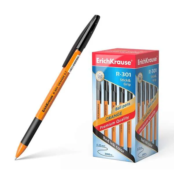 Penna a sfera Erichkrause R-301 Stick&Grip 0.7 - Corpo arancione con impugnatura in gomma - Inchiostro ad asciugatura rapida - Nero