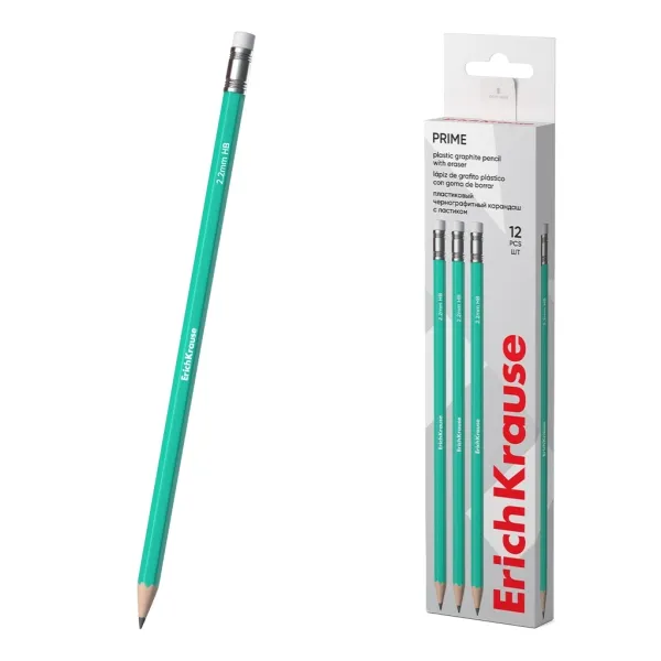 Matita in grafite ErichKrause Prime con gomma - Mina HB da 22 mm - Corpo esagonale - Plastica - Impugnatura ergonomica - Turchese