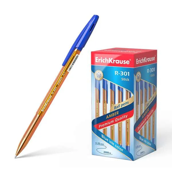 Penna a sfera Erichkrause R-301 Amber Stick 0.7 - Corpo esagonale traslucido - Punta da 07 mm - Inchiostro ad asciugatura rapida - Blu