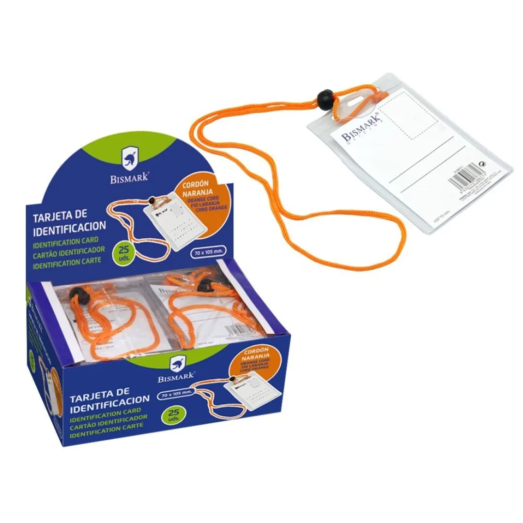 Porta nome verticale Bismark con cordino - Sostituzione rapida dell etichetta - Carta inclusa - Colore Arancione Trasparente