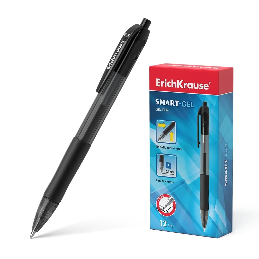 Penna gel automatica Erichkrause Smart-Gel - Punta normale - Corpo rotondo traslucido - Impugnatura comoda - Inchiostro gel ad asciugatura rapida - Lunghezza linea continua 500 m - Spessore 04 mm - Colore nero