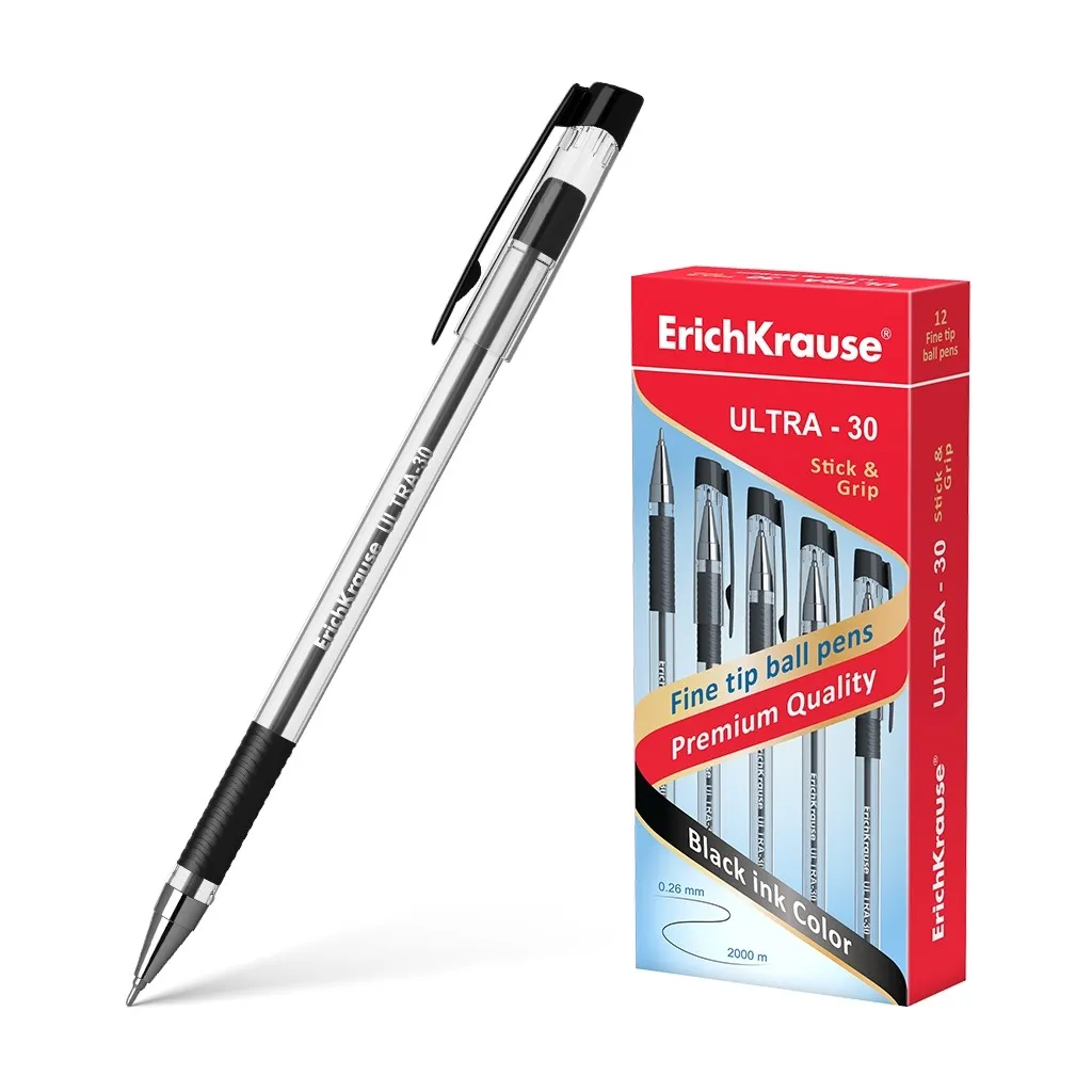 Penna a sfera Erichkrause Ultra-30 - Ricaricabile con punta fine - Corpo trasparente con impugnatura in gomma - Inchiostro nero - 2000 m di scrittura precisa e veloce - Colore nero