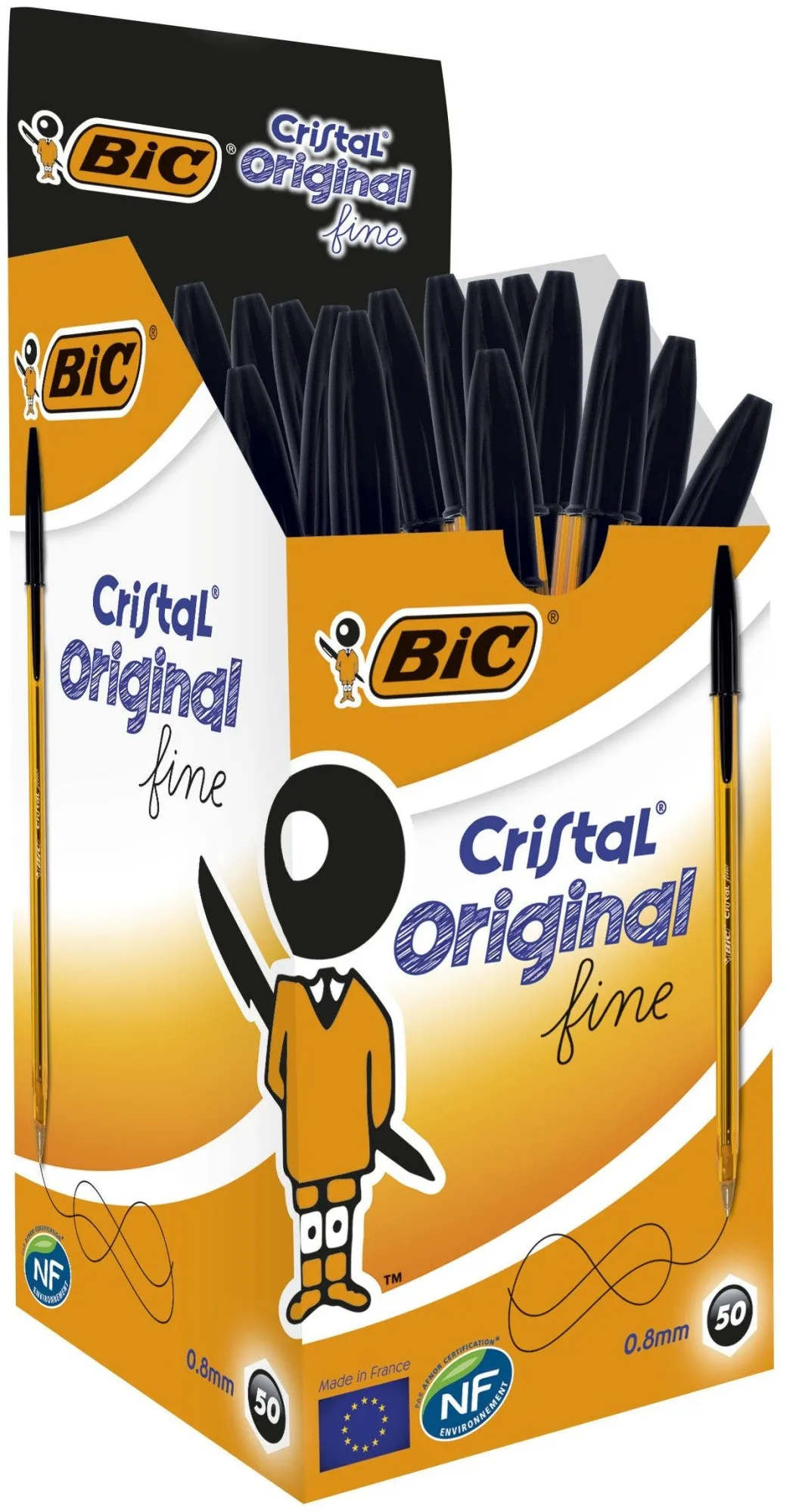 Penna a sfera fine originale Bic Cristal - Punta tonda da 08 mm - Tratto 030 mm - Inchiostro a base di olio - Traslucido - Colore nero